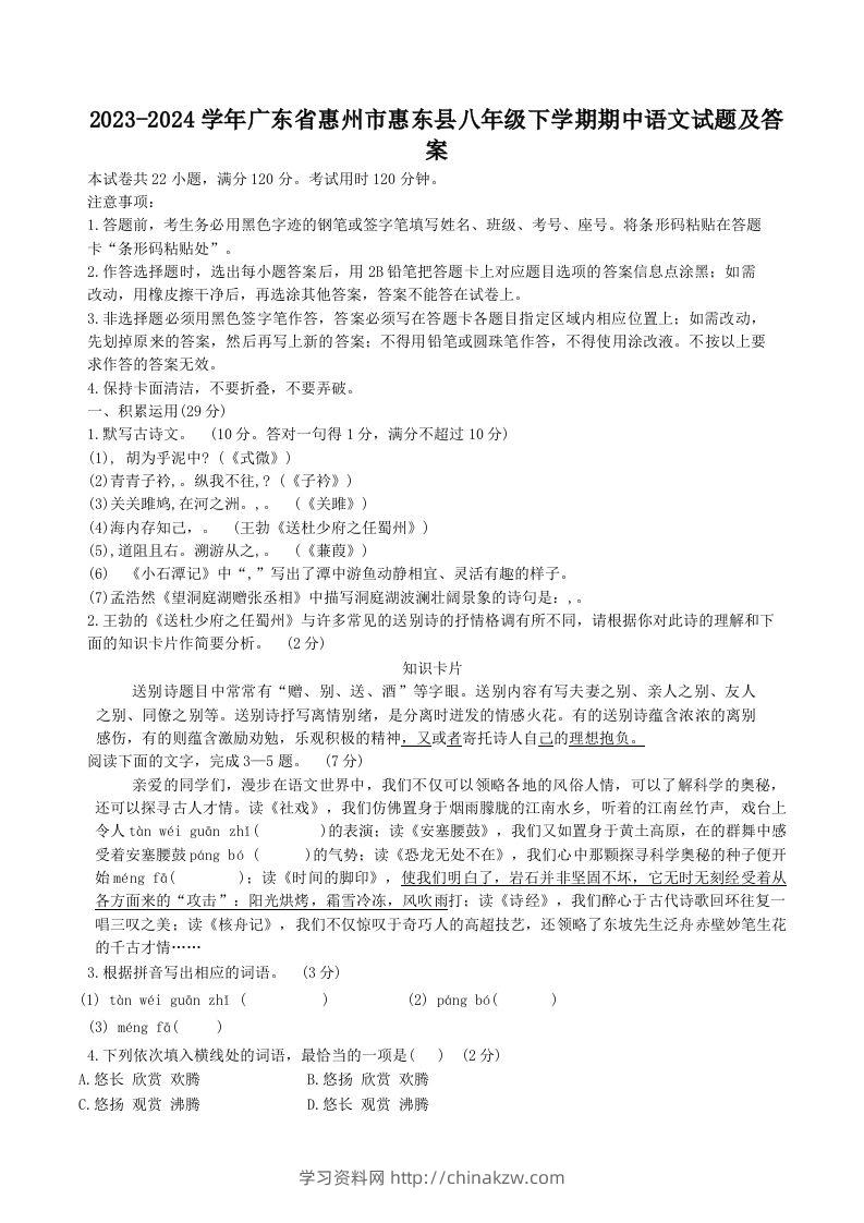 2023-2024学年广东省惠州市惠东县八年级下学期期中语文试题及答案(Word版)-学习资料站
