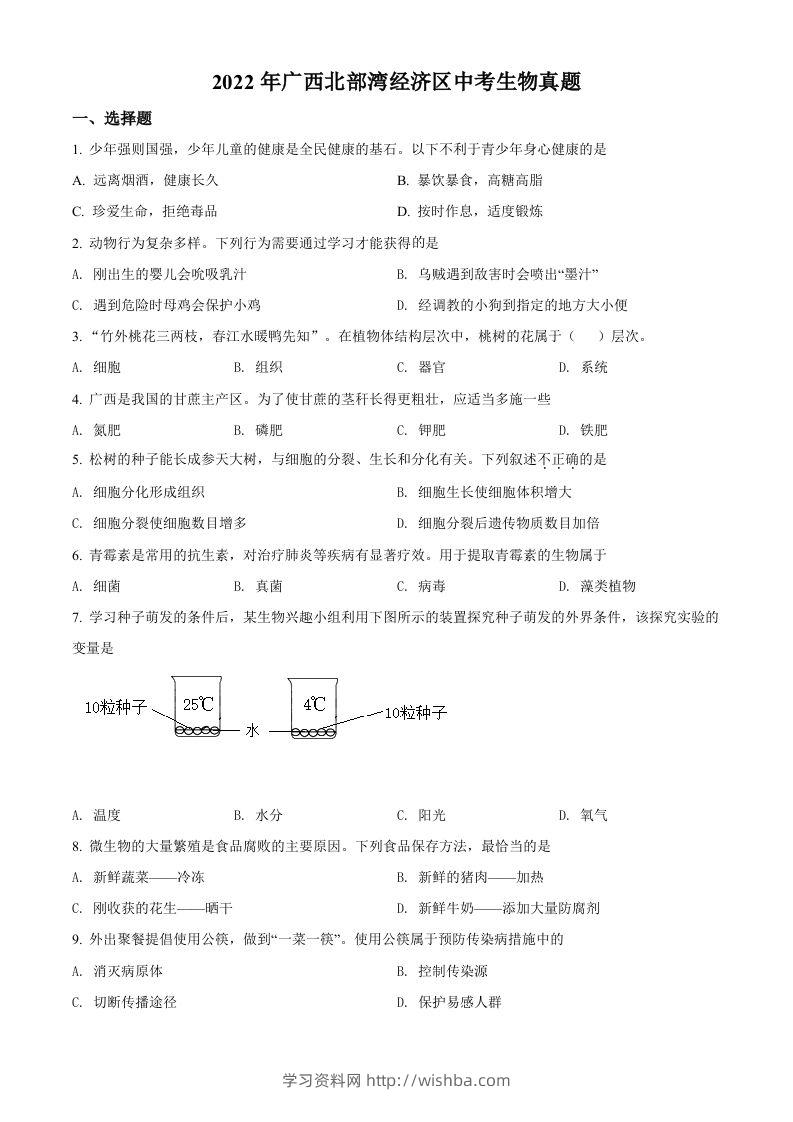 2022年广西北部湾经济区中考生物真题（空白卷）-学习资料站