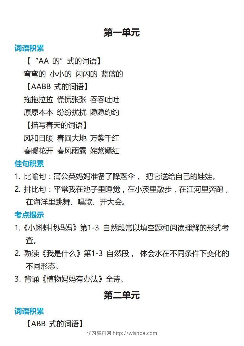 二年级语文上册词语佳句考点积累-学习资料站