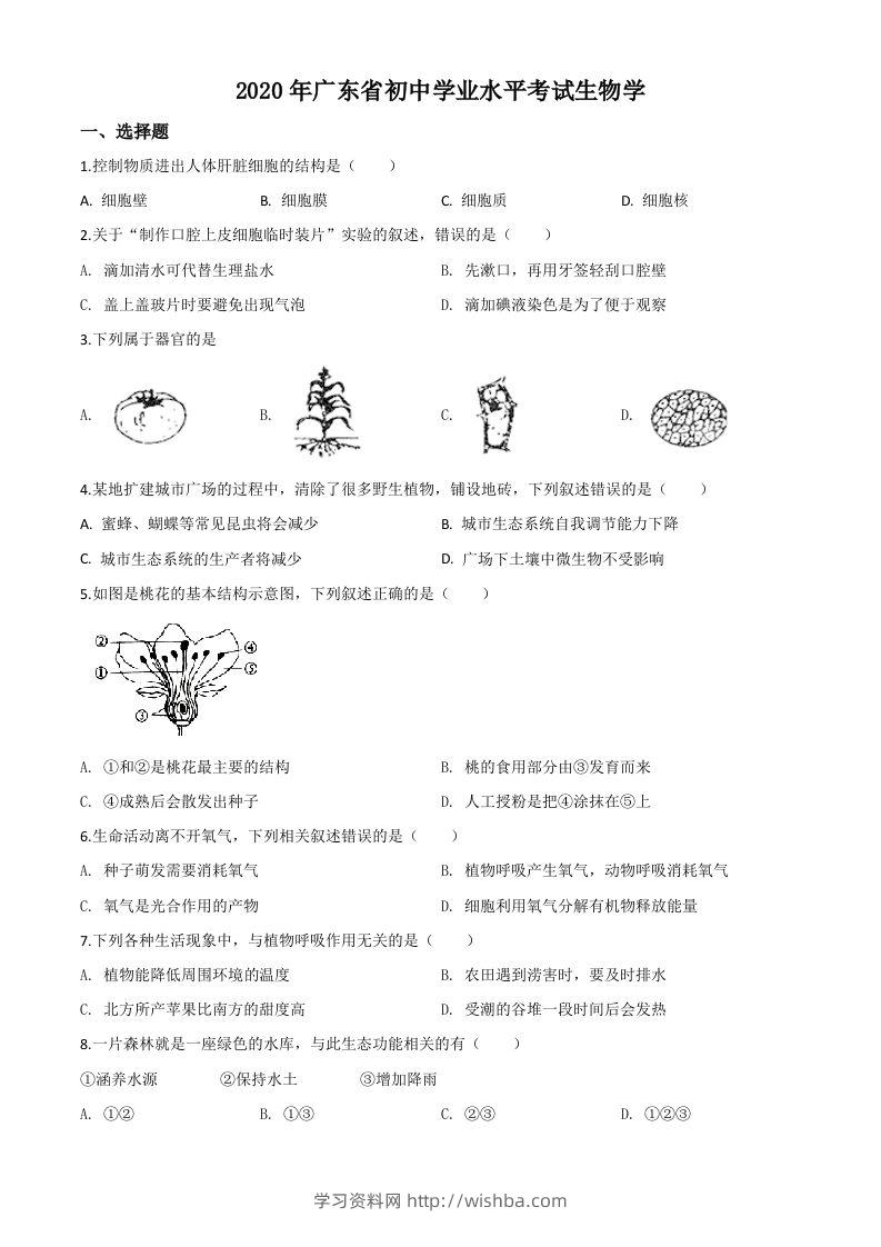 广东省2020年中考生物试题（空白卷）-学习资料站