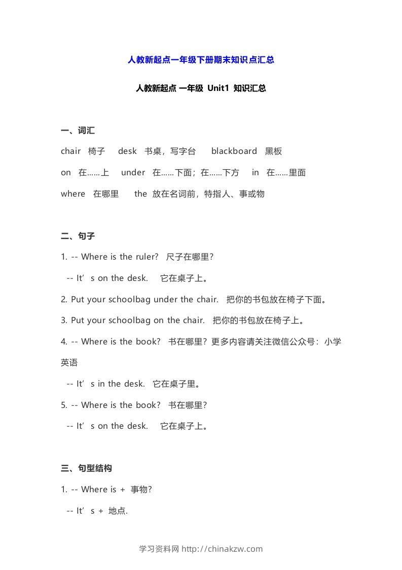 一年级英语下册期末知识点汇总8页-学习资料站