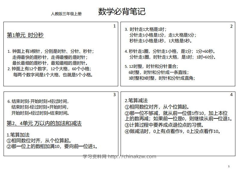 【人教三年级】数学上册必背笔记-学习资料站