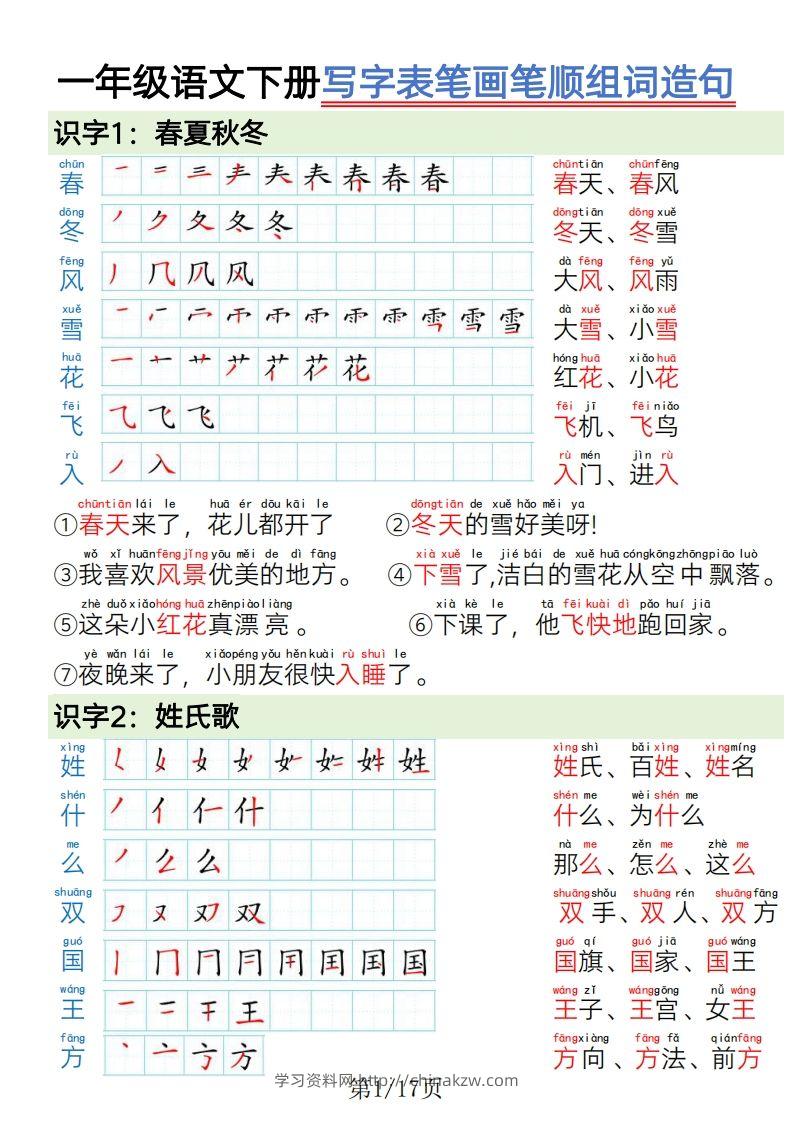 1.19一年级语文下册写字表笔画笔顺组词造句-学习资料站