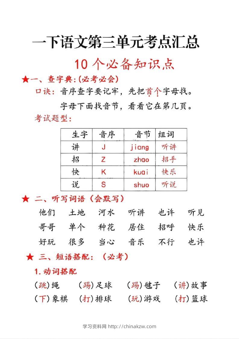 一年级下册语文第三单元10个必备知识点-学习资料站