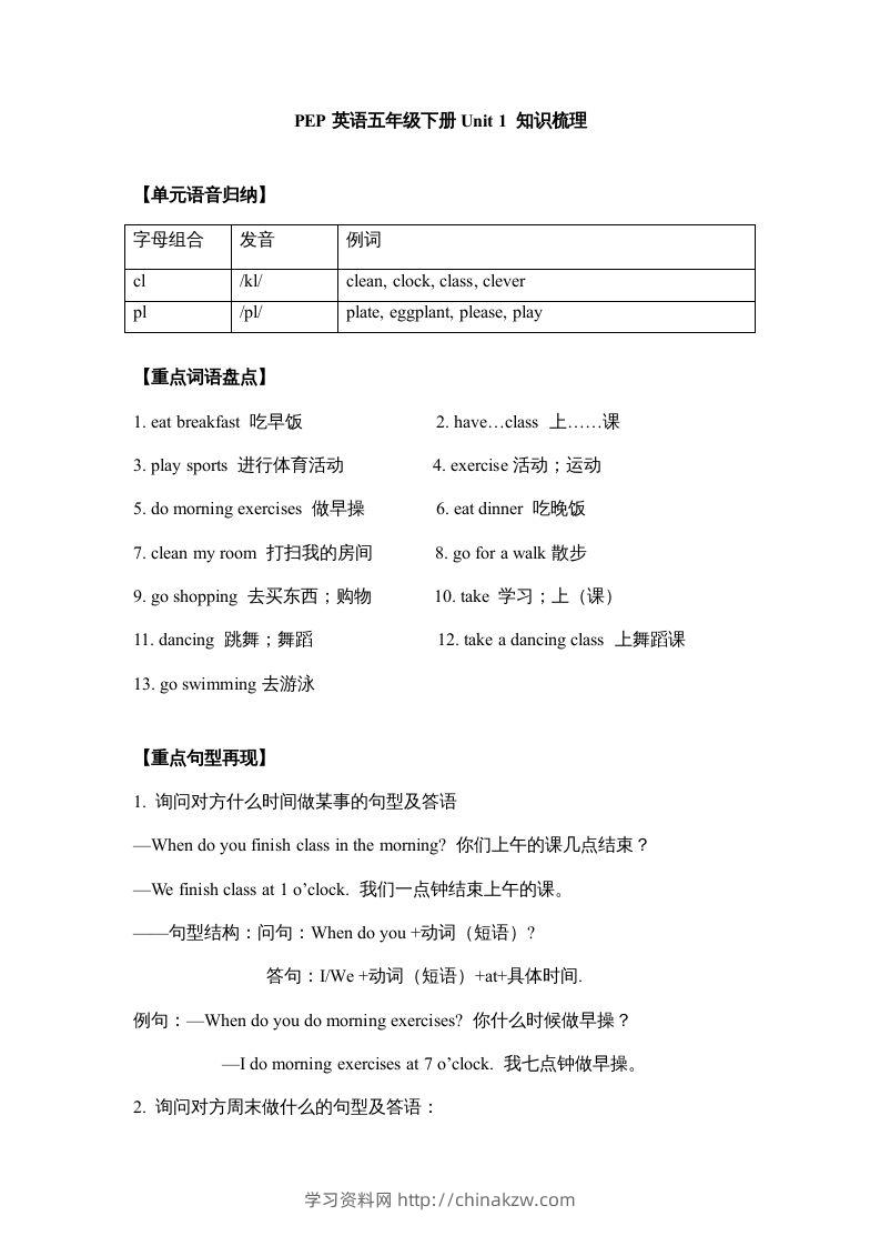 五年级英语下册【完美】单元知识梳理-Unit1Myday（人教PEP版）-学习资料站