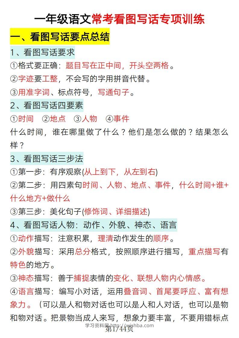 2025一年级语文下册看图写话要点总结+常考看图写话专项训练-学习资料站