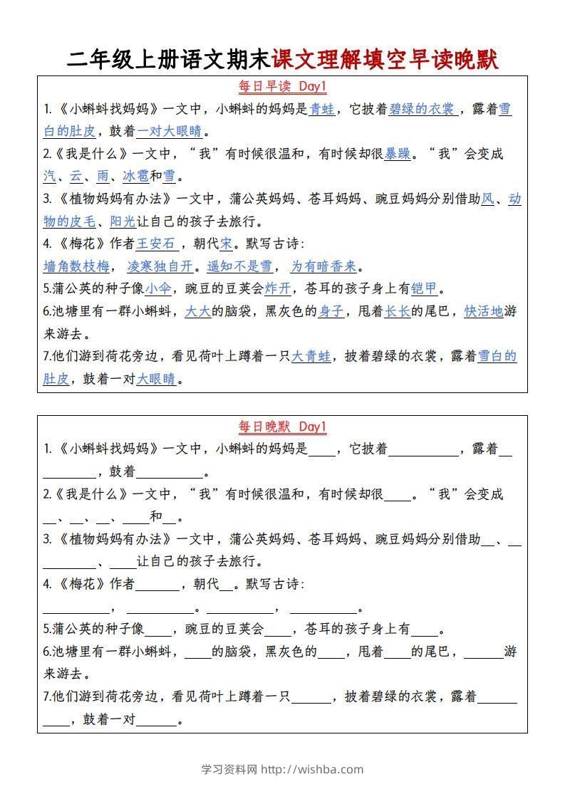【期末课文理解填空早读晚默】二上语文-学习资料站