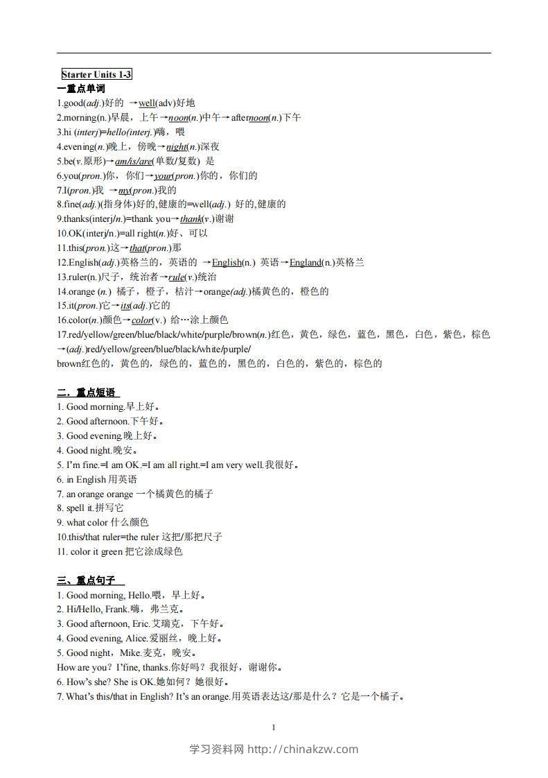 3.人教版七年级上英语StarterUnits1-3复习提纲-学习资料站