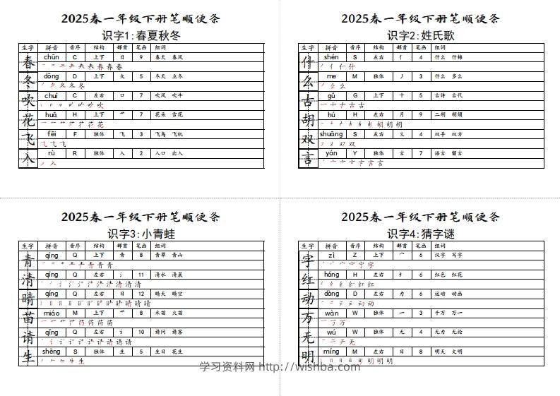【笔顺小贴贴】一下语文最终版生字预习-学习资料站
