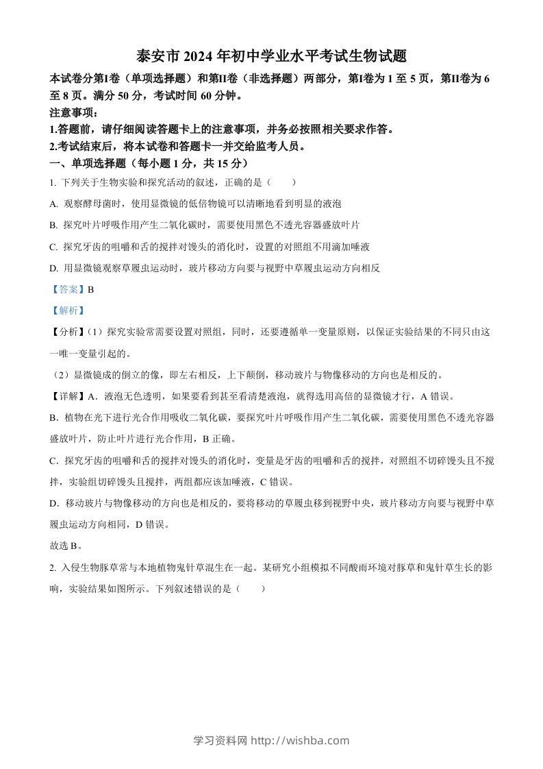 2024年山东省泰安市中考生物真题（含答案）-学习资料站