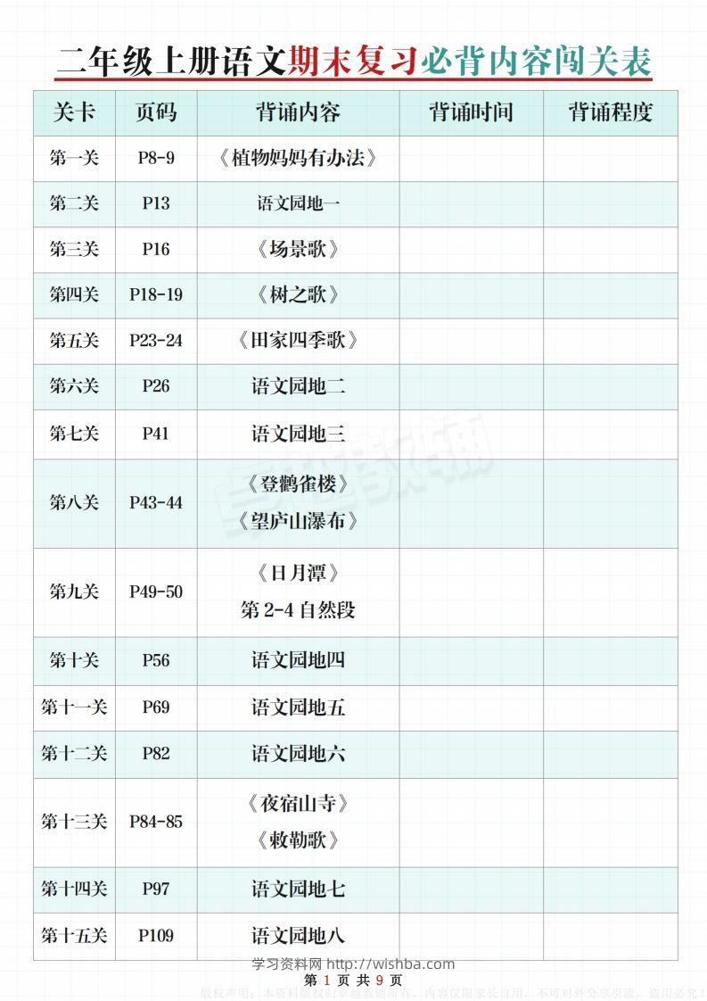 【期末复习必背内容闯关表】二上语文-学习资料站