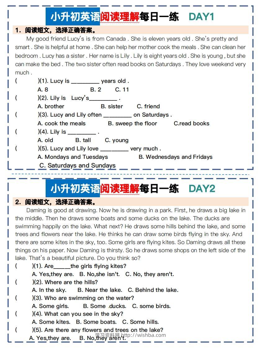 小升初英语阅读理解每日一练-学习资料站