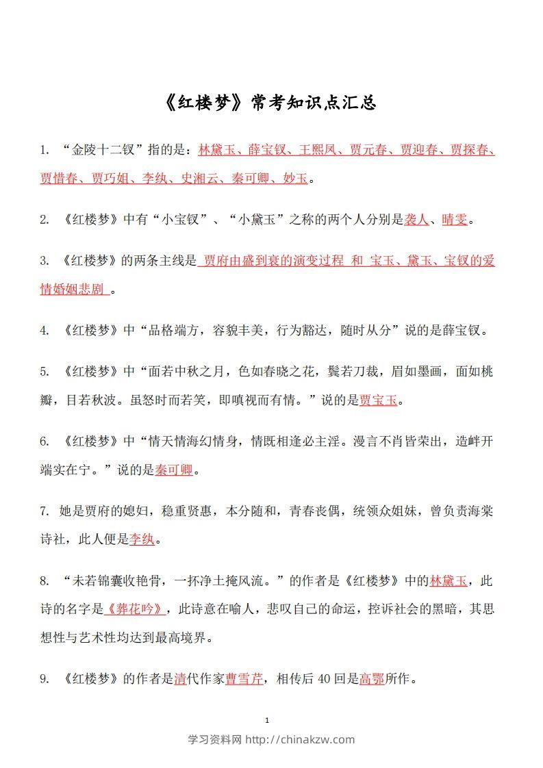 四大名著必考知识点《红楼梦》_知识点-学习资料站