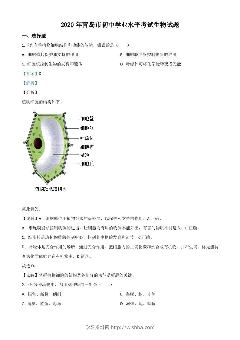 山东省青岛市2020年中考生物试题（含答案）-学习资料站