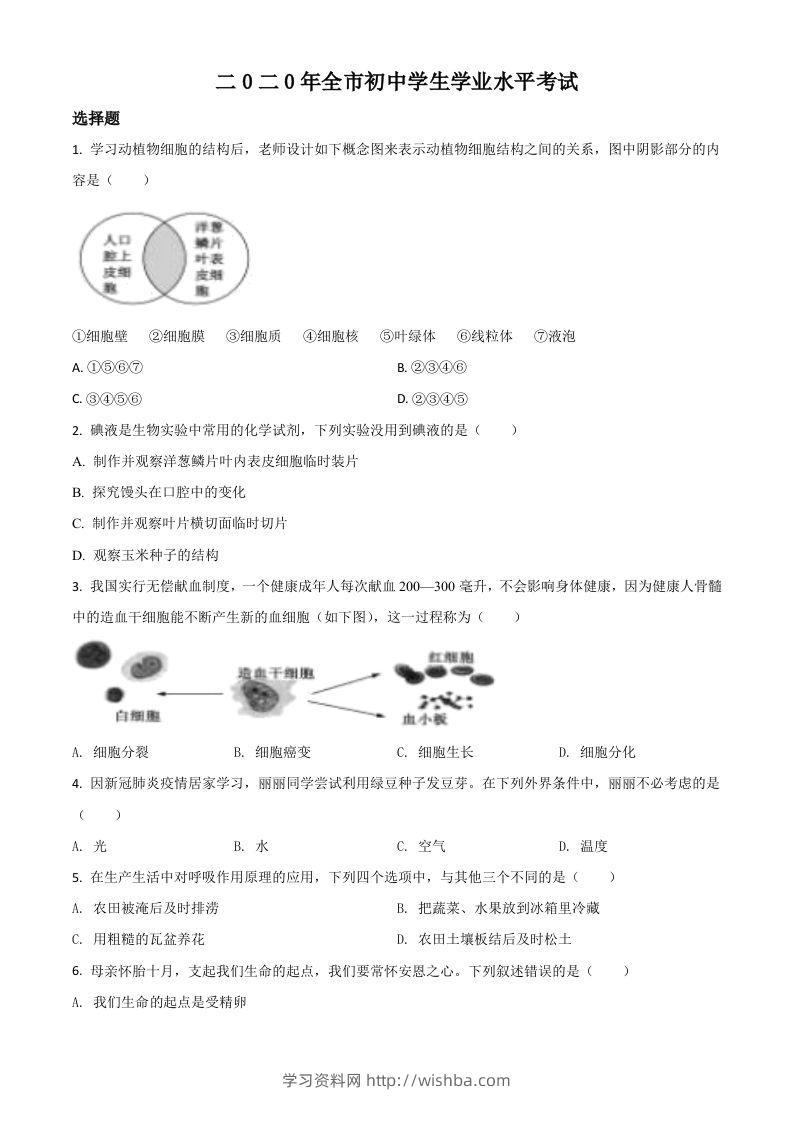 山东省聊城市2020年中考生物试题（空白卷）-学习资料站