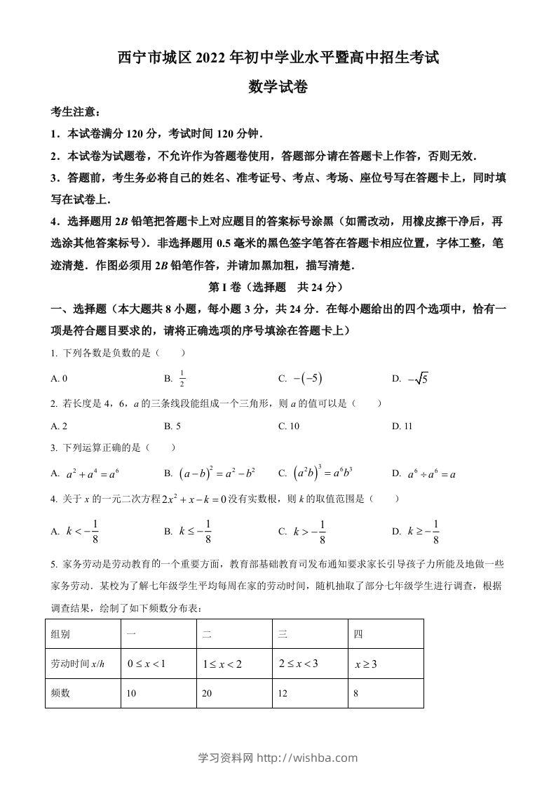 青海省西宁市城区2022年中考数学真题（空白卷）-学习资料站