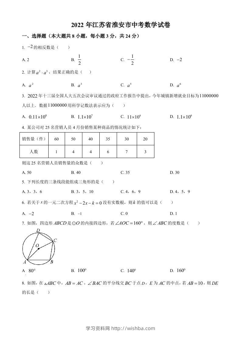 2022年江苏省淮安市中考数学真题（空白卷）-学习资料站