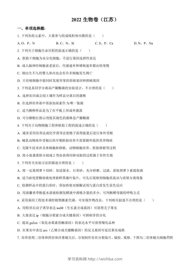2022年高考生物试卷（江苏）（空白卷）-学习资料站