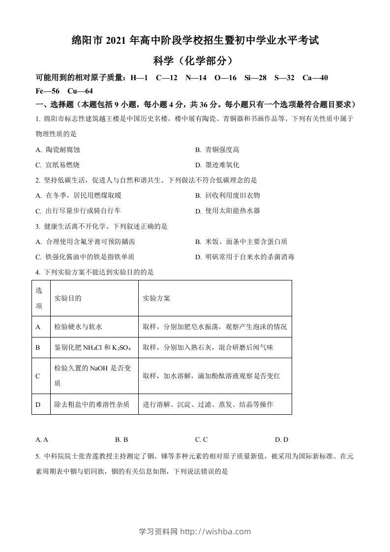 2022年四川省绵阳市中考化学真题（空白卷）-学习资料站