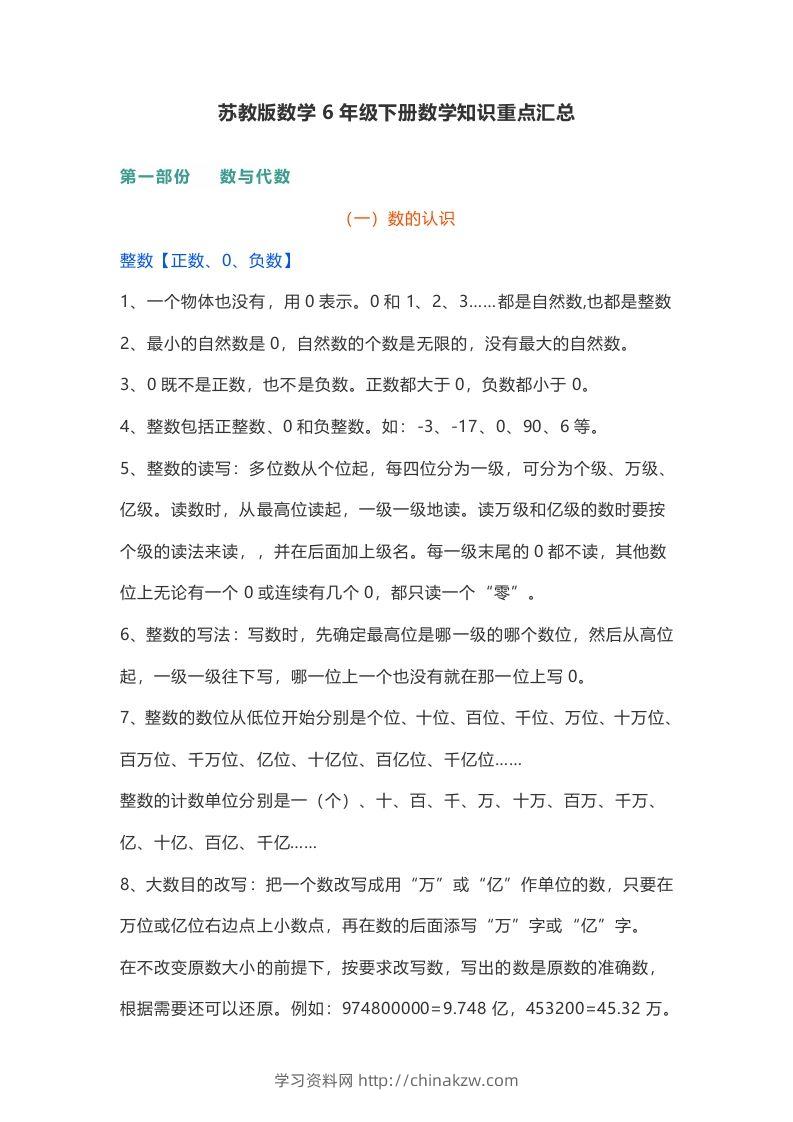 苏教版数学6年级下册数学知识点-学习资料站