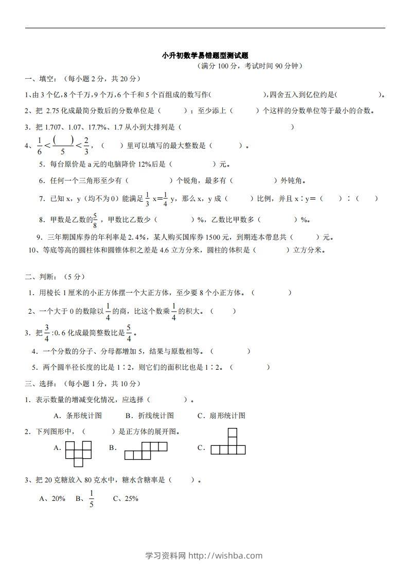 六（下）小升初名校数学（易错题型测试题）-学习资料站