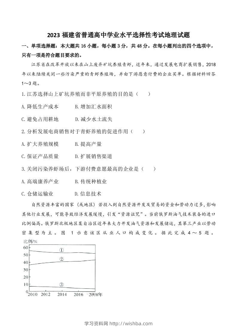 2023年高考地理试卷（福建）（含答案）-学习资料站