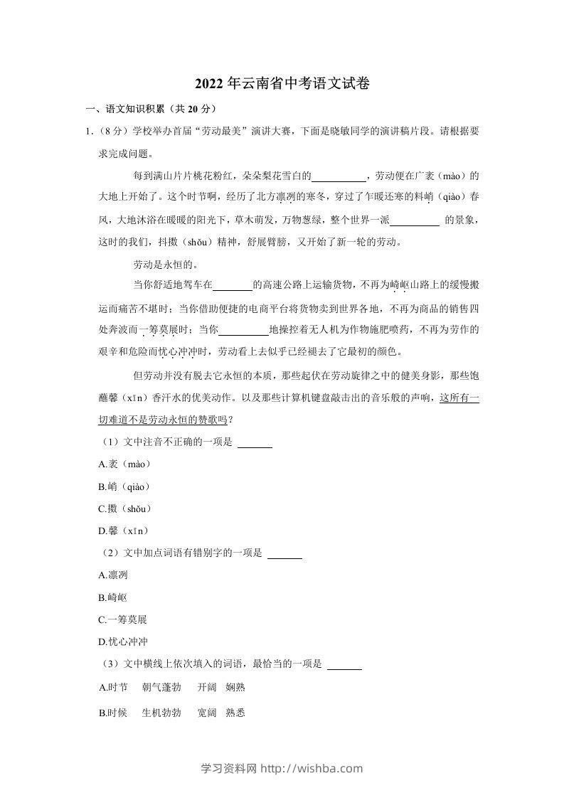 2022年云南省中考语文真题-学习资料站