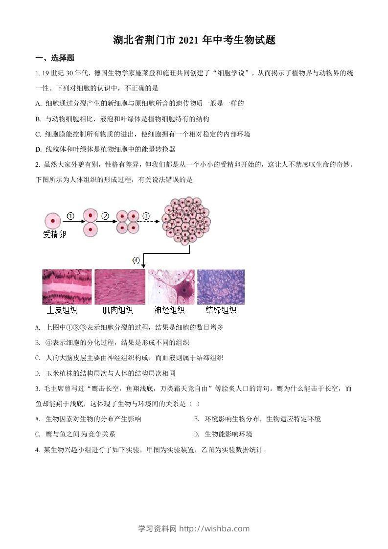 湖北省荆门市2021年中考生物试题（空白卷）-学习资料站