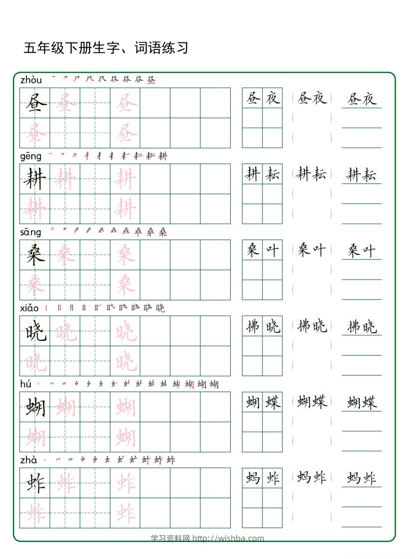 五年级下册语文生字词语练字（30页秋版）-学习资料站