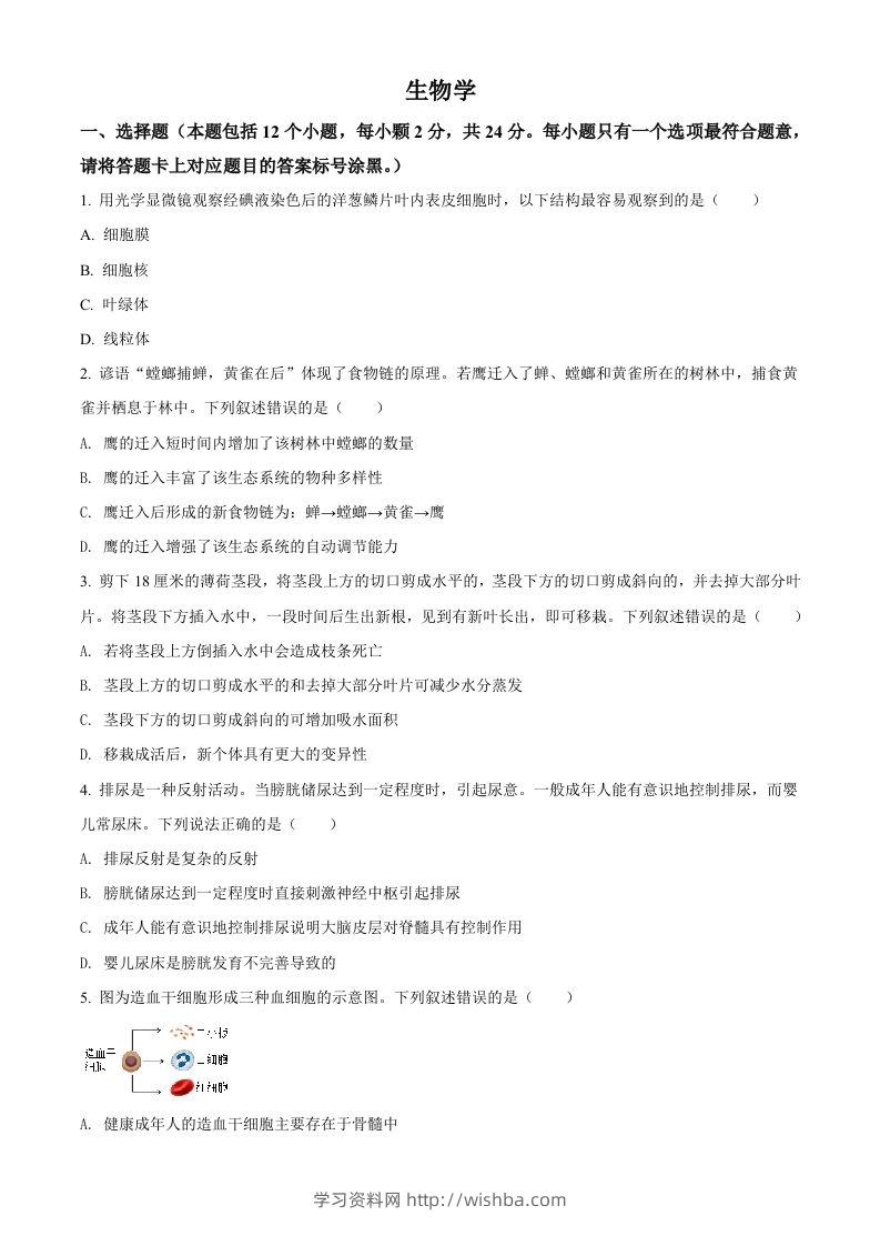 内蒙古包头市2021年中考生物试题（空白卷）-学习资料站