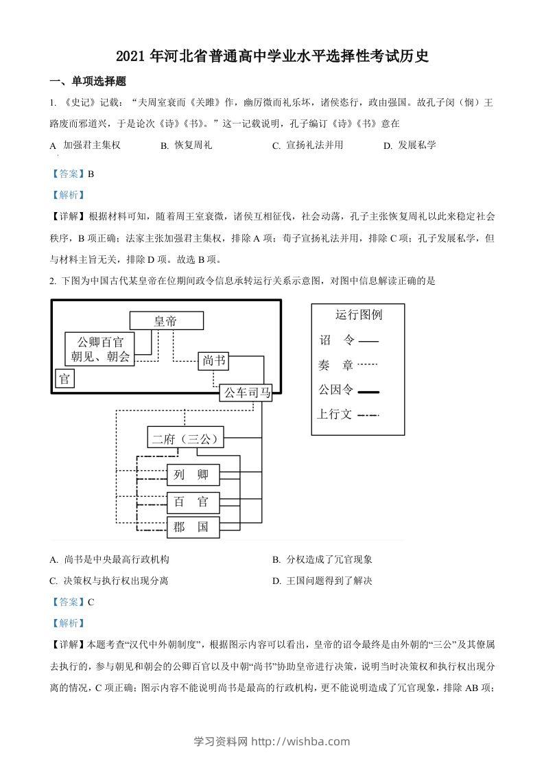 2021年高考历史试卷（河北）（含答案）-学习资料站