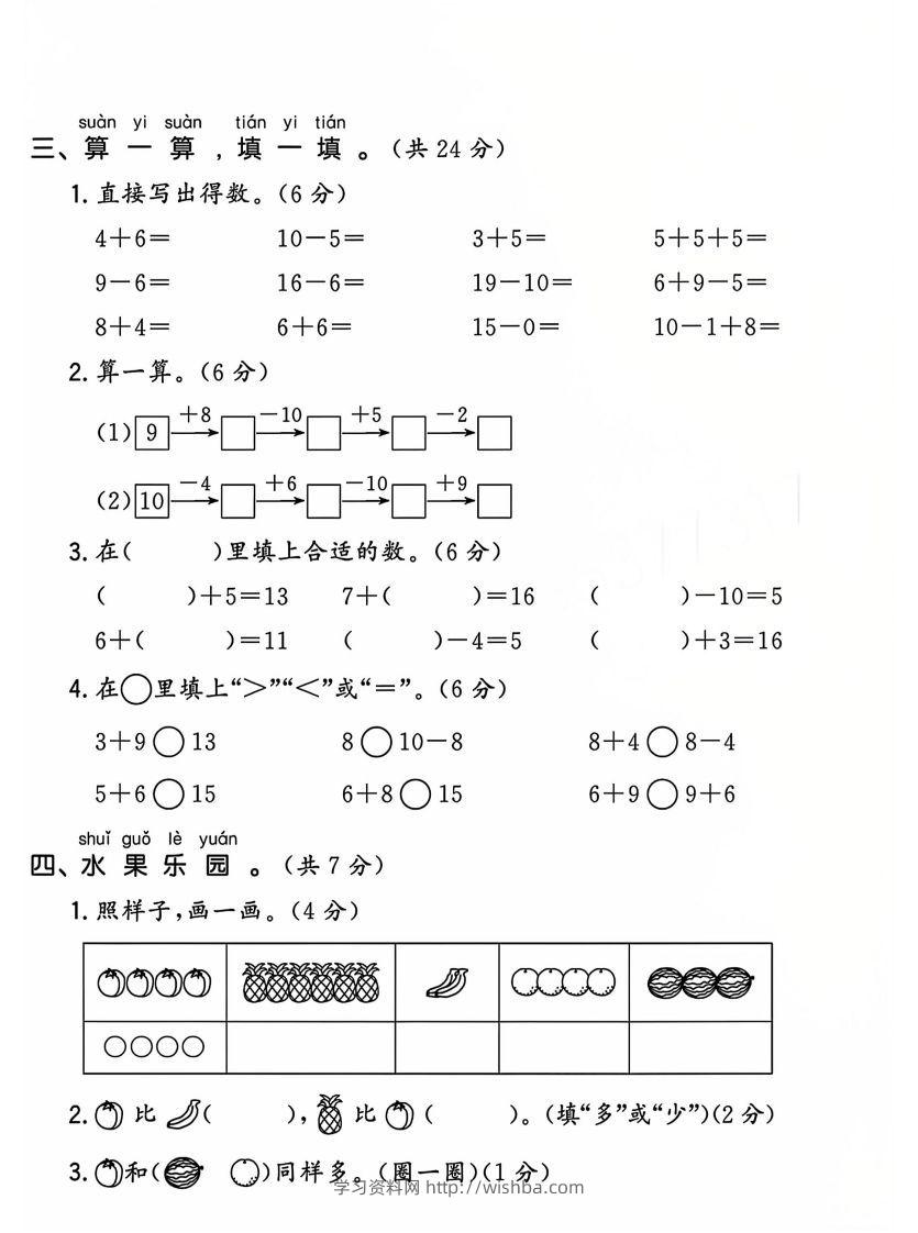 图片[2]-一上人教版数学【2024-2025年期末综合达标检测卷】-学习资料站