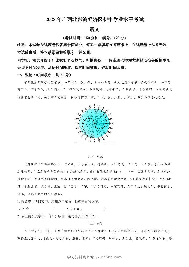 2022年广西北部湾经济区中考语文真题（空白卷）-学习资料站