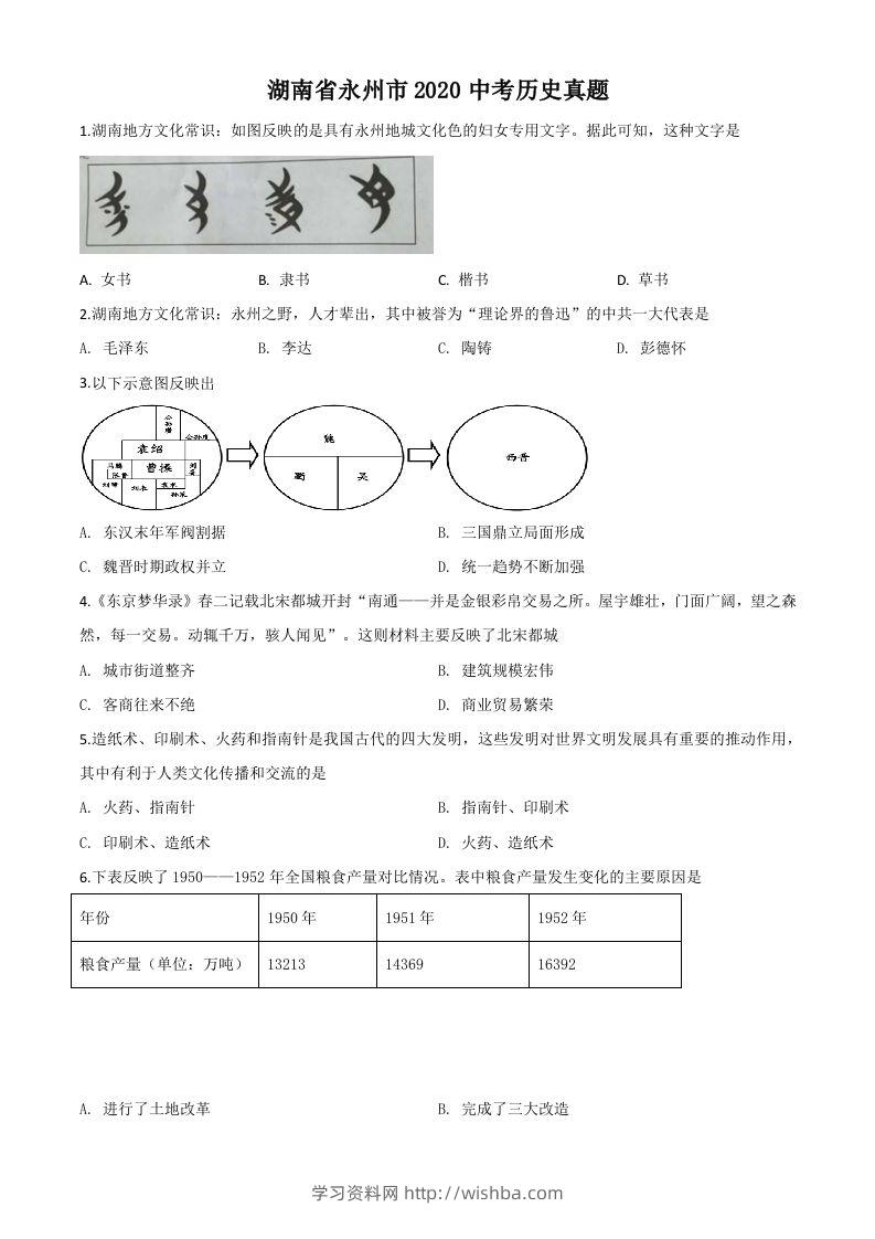 湖南省永州市2020年中考历史试题（空白卷）-学习资料站