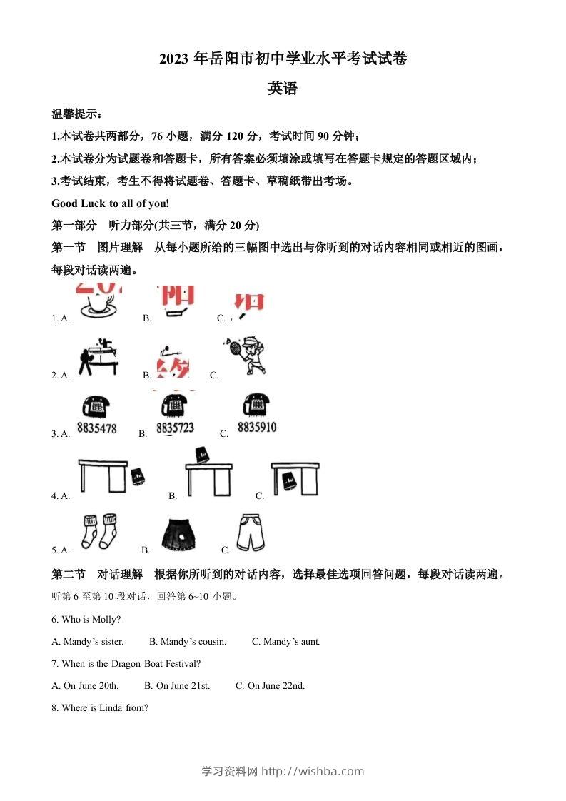 2023年湖南省岳阳市中考英语真题（含答案）-学习资料站