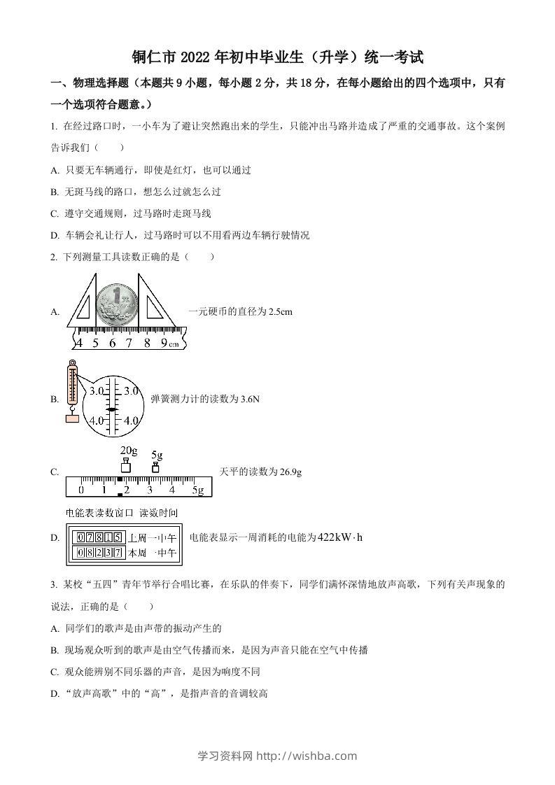 2022年贵州省铜仁市中考物理试题（空白卷）-学习资料站