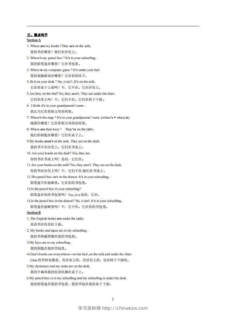 图片[2]-4.人教版七年级上英语Unit4复习提纲-学习资料站