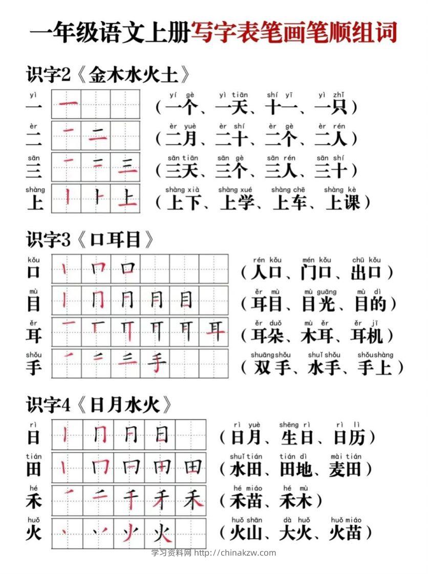 一年级语文上册写字表笔画笔顺组词-学习资料站