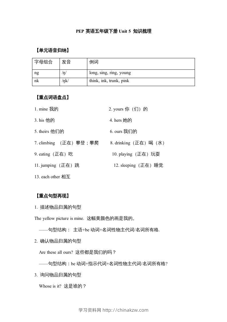 五年级英语下册【完美】单元知识梳理-Unit5Whosedogisit（人教PEP版）-学习资料站