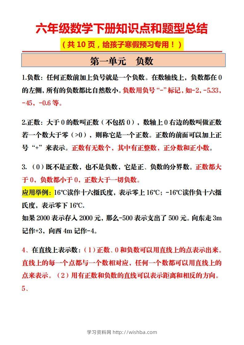 六年级数学下册知识点和题型总结10页-学习资料站