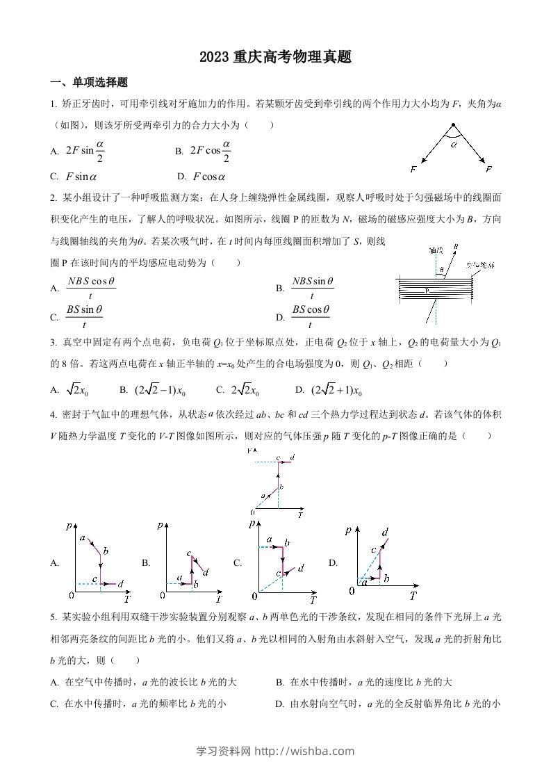 2023年高考物理试卷（重庆）（空白卷）-学习资料站
