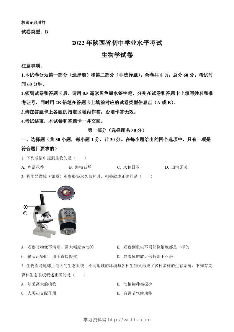 2022年陕西省中考生物真题（B卷）（空白卷）-学习资料站