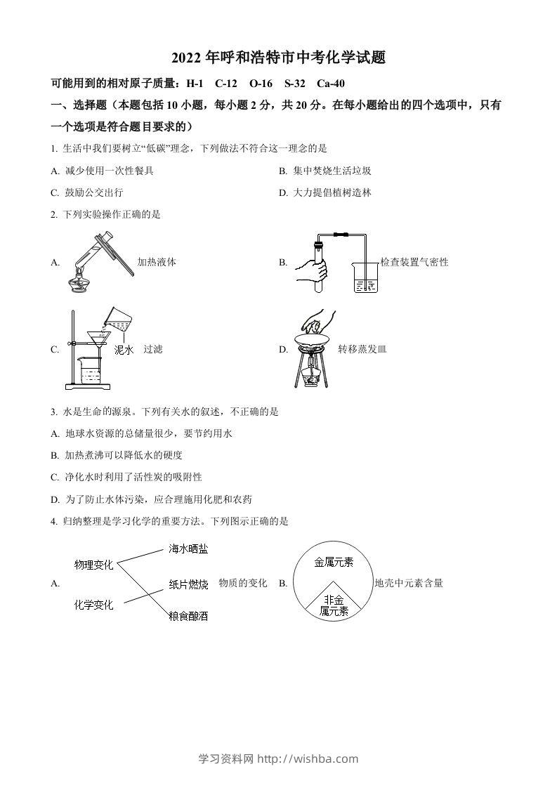 2022年内蒙古呼和浩特市中考化学真题（空白卷）-学习资料站