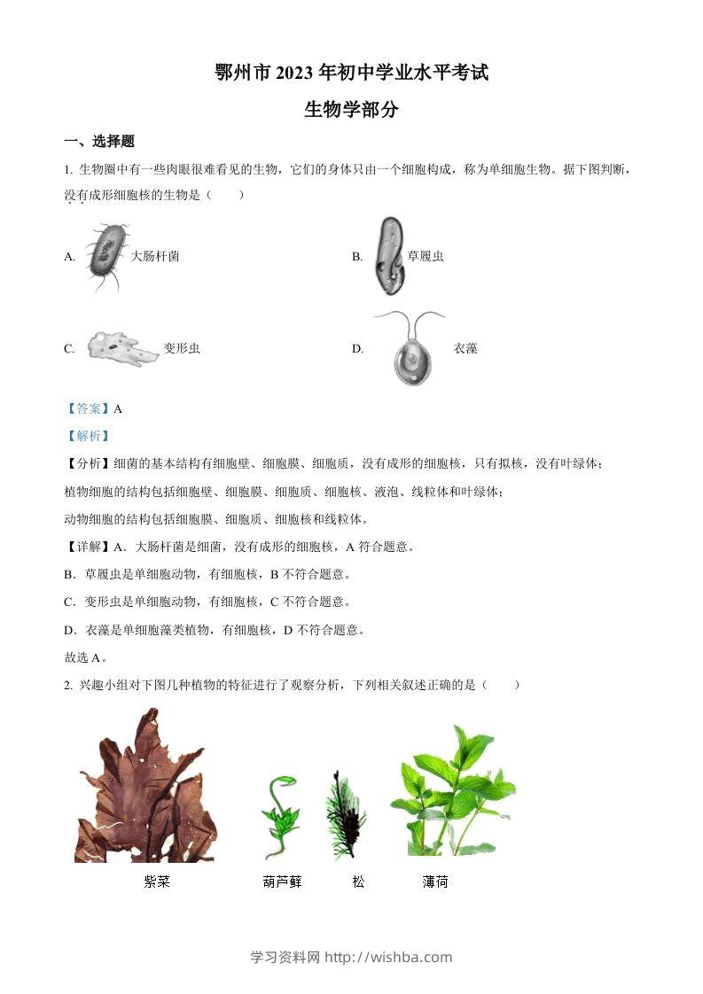 2023年湖北省鄂州市中考生物真题（含答案）-学习资料站