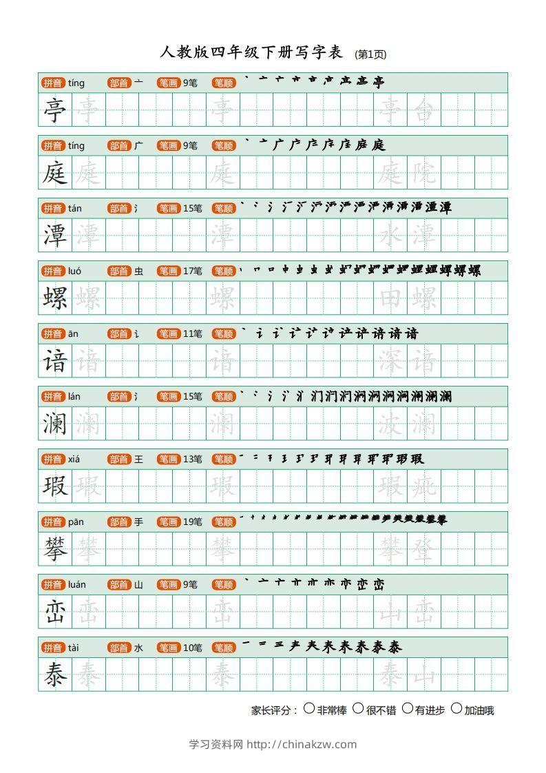 四年级语文下册写字表（20页）PDF（部编版）-学习资料站