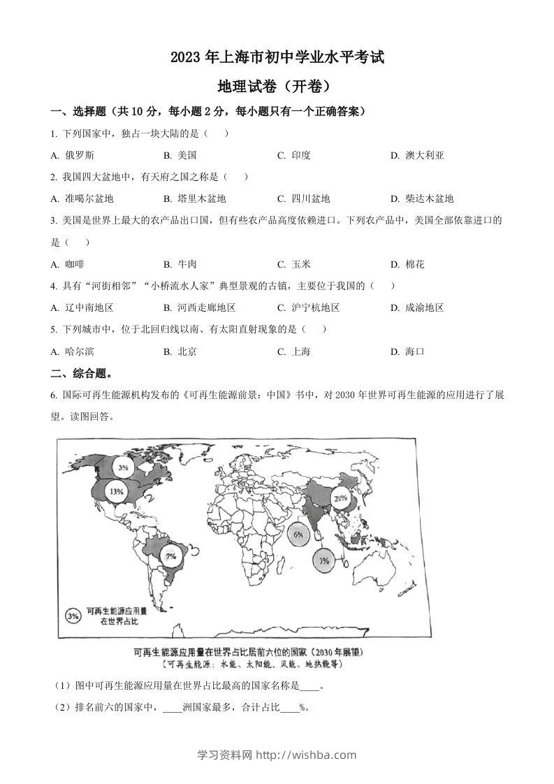 2023年上海市中考地理真题（空白卷）-学习资料站
