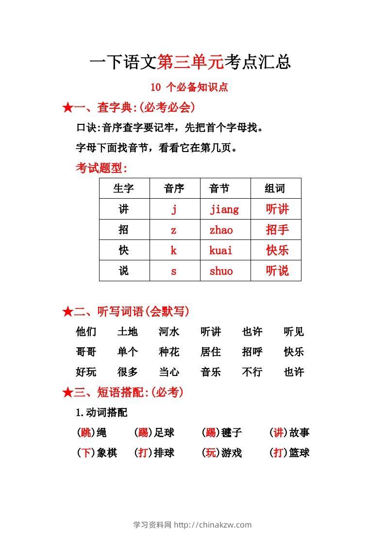 一下语文第三单元10个必备知识点-学习资料站