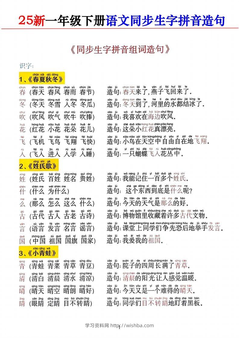 2025新一下语文同步生字拼音组词造句11页-学习资料站