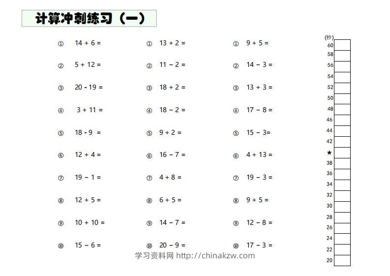 【数学】难度4：20以内加减混合闯关-学习资料站