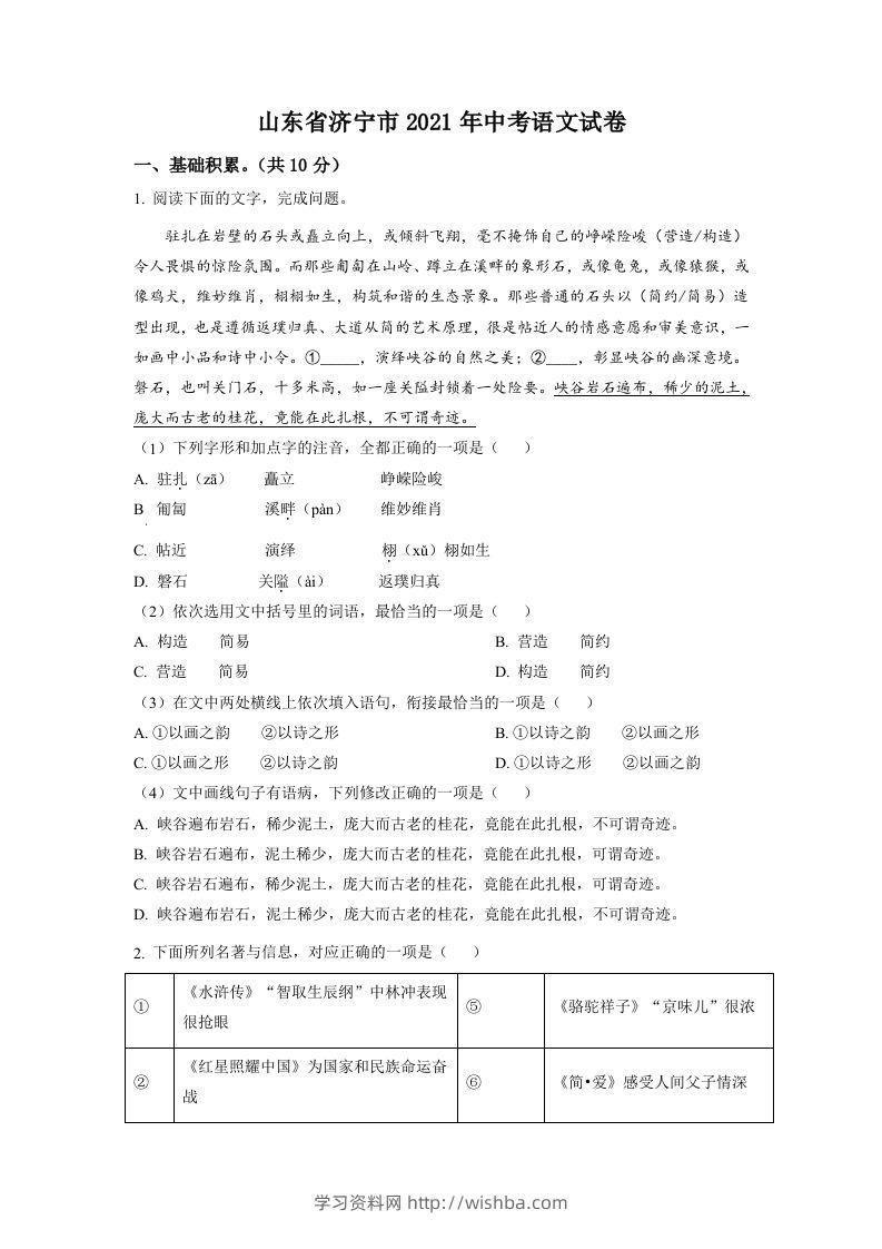 山东省济宁市2021年中考语文试题（空白卷）-学习资料站